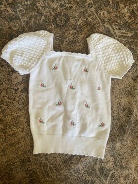 Janie and Jack White Puff Sleeve Sweater Top with Pink Rose Embroidery